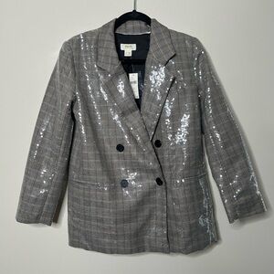 Maeve by Anthropologie Gray Plaid Sequin Blazer